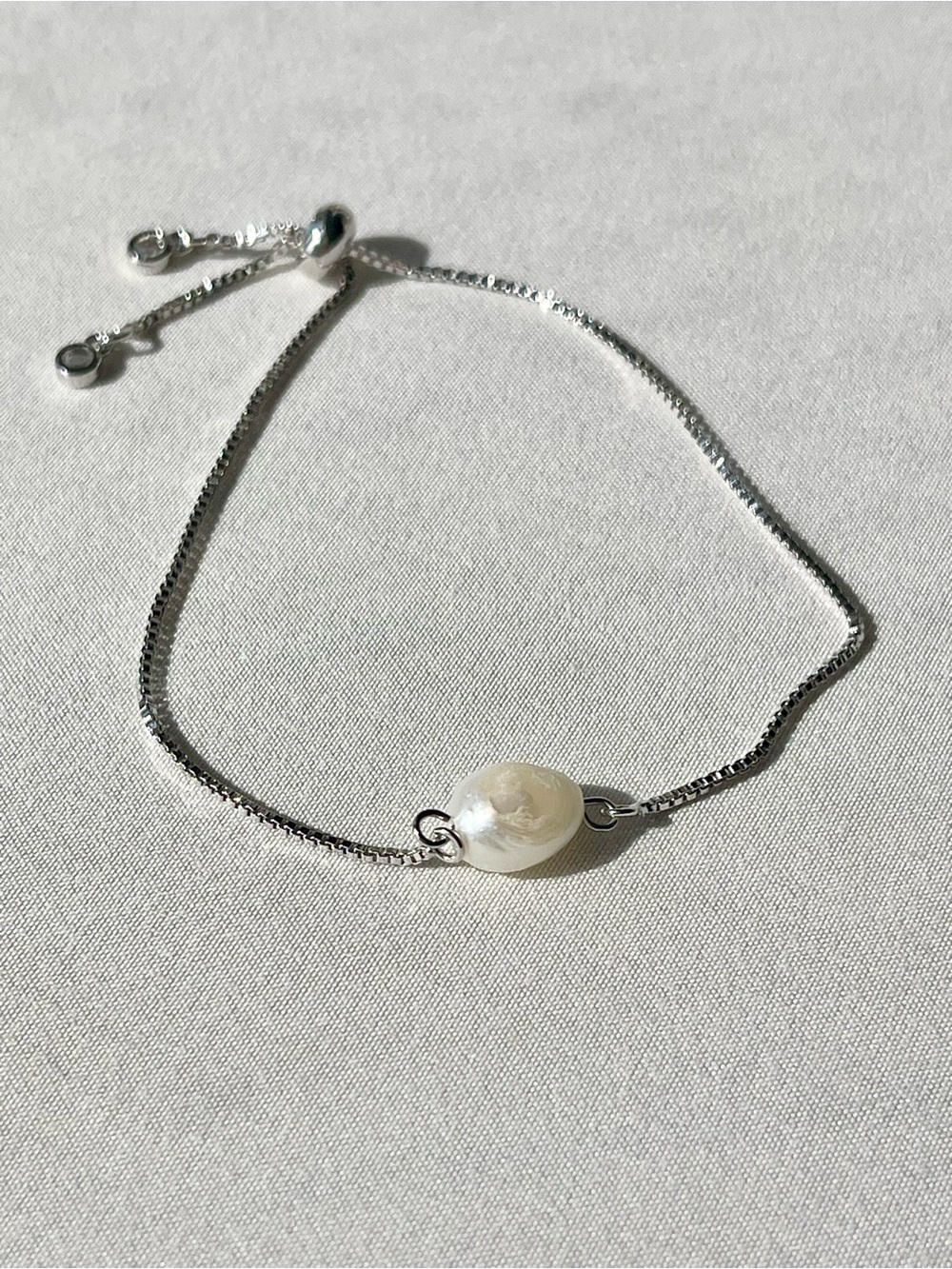 Silver Tone Slider Bracelet with White Pearl & Crystal Accents